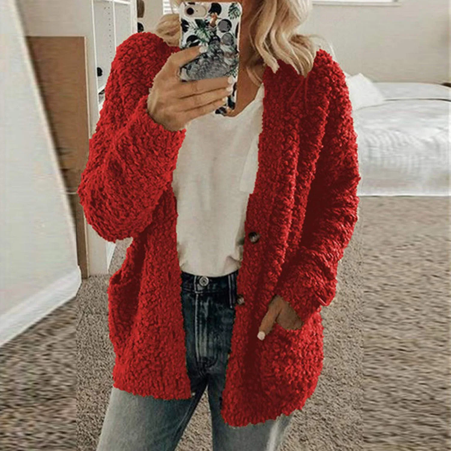 Женское пальто с карманами и пуговицами Cardigan Coat, Rosso — фото 3