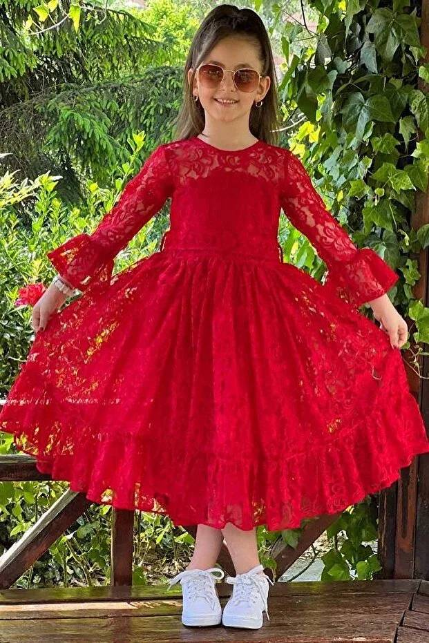 Детское платье для девочек кружевное с длинным рукавом Pumpido, Red