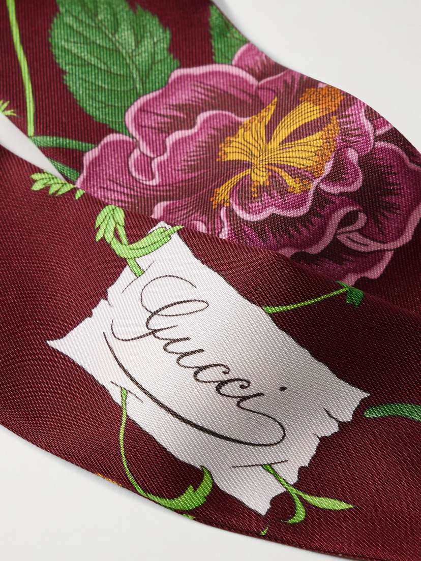 Шарф из шелкового твила с принтом «Флора» Gucci, бордовый — фото 2