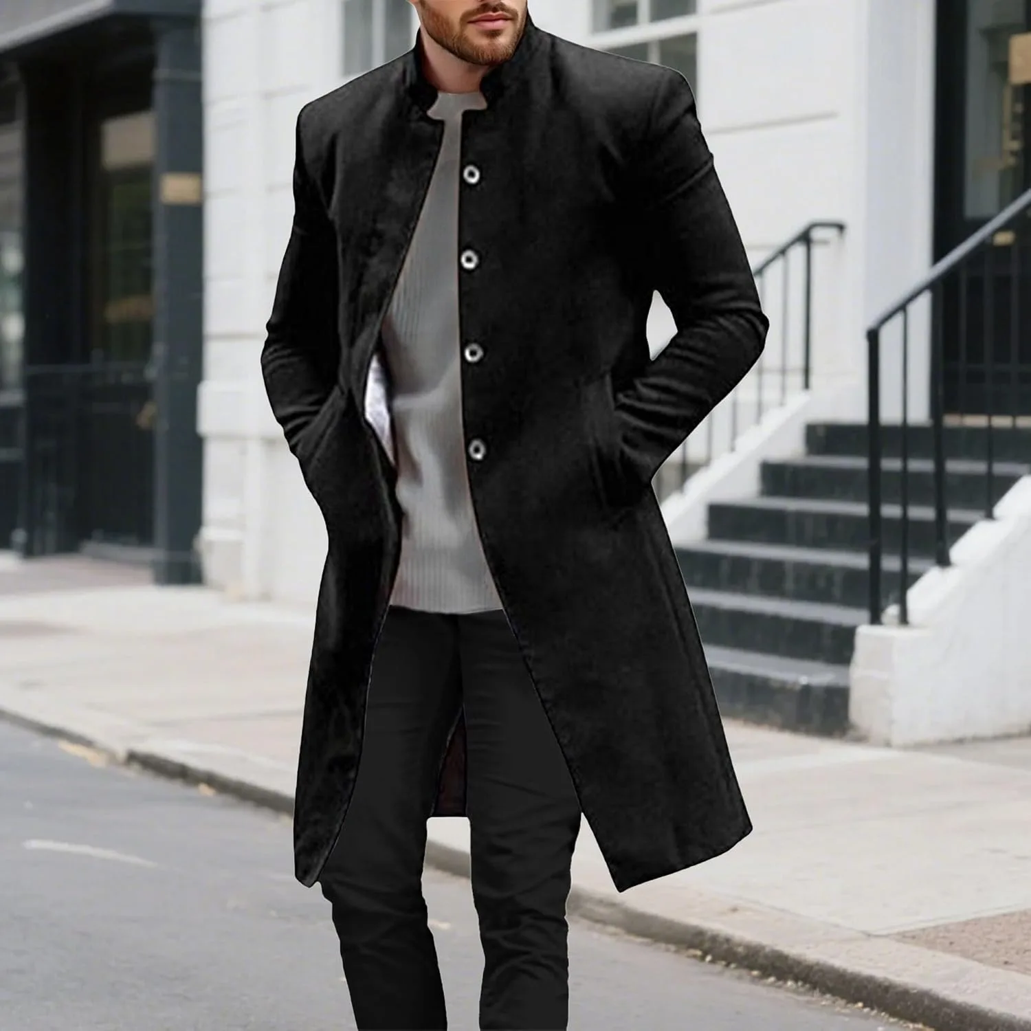 Мужское пальто pea coat приталенного кроя с отложным воротником, однобортное, утепленное, из шерстяной смеси, в оттенке earth tone, для зимнего делового гардероба Generic, черный — фото 4