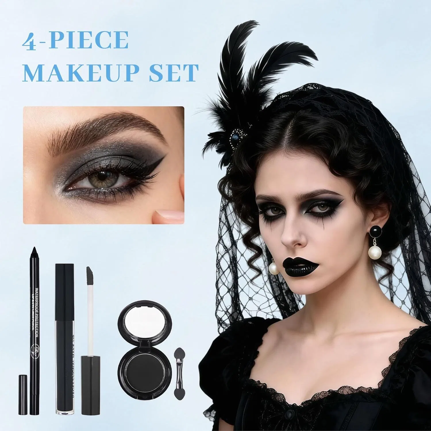 Набор для макияжа Smokey Eyes с палеткой теней, жидкой помадой, подводкой и карандашом, Ruispeed, 4 мл, Black — фото 4