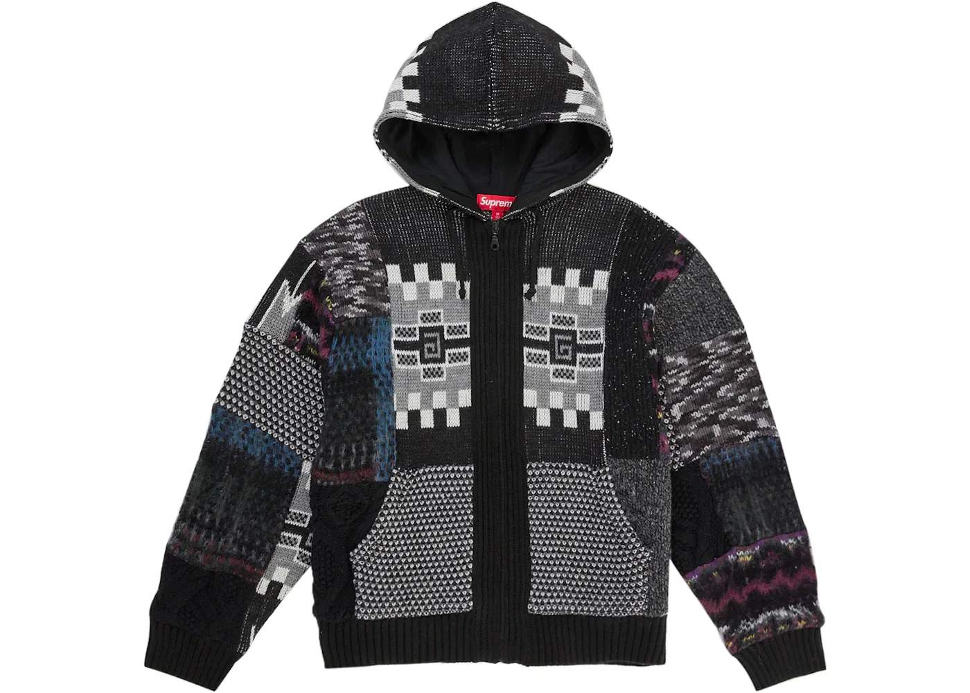 Мужской свитер с принтом Supreme Patchwork Zip Up Hooded Sweater, Black