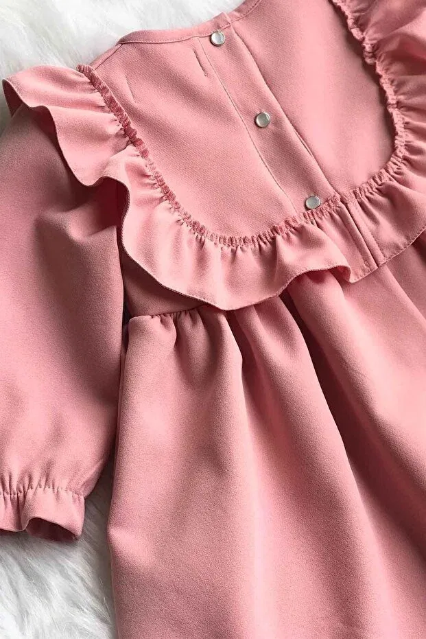 Детское платье для девочек с длинным рукавом Ruffle and ribbon detailed design Bertuğ Bebek, Pudded Pink — фото 2