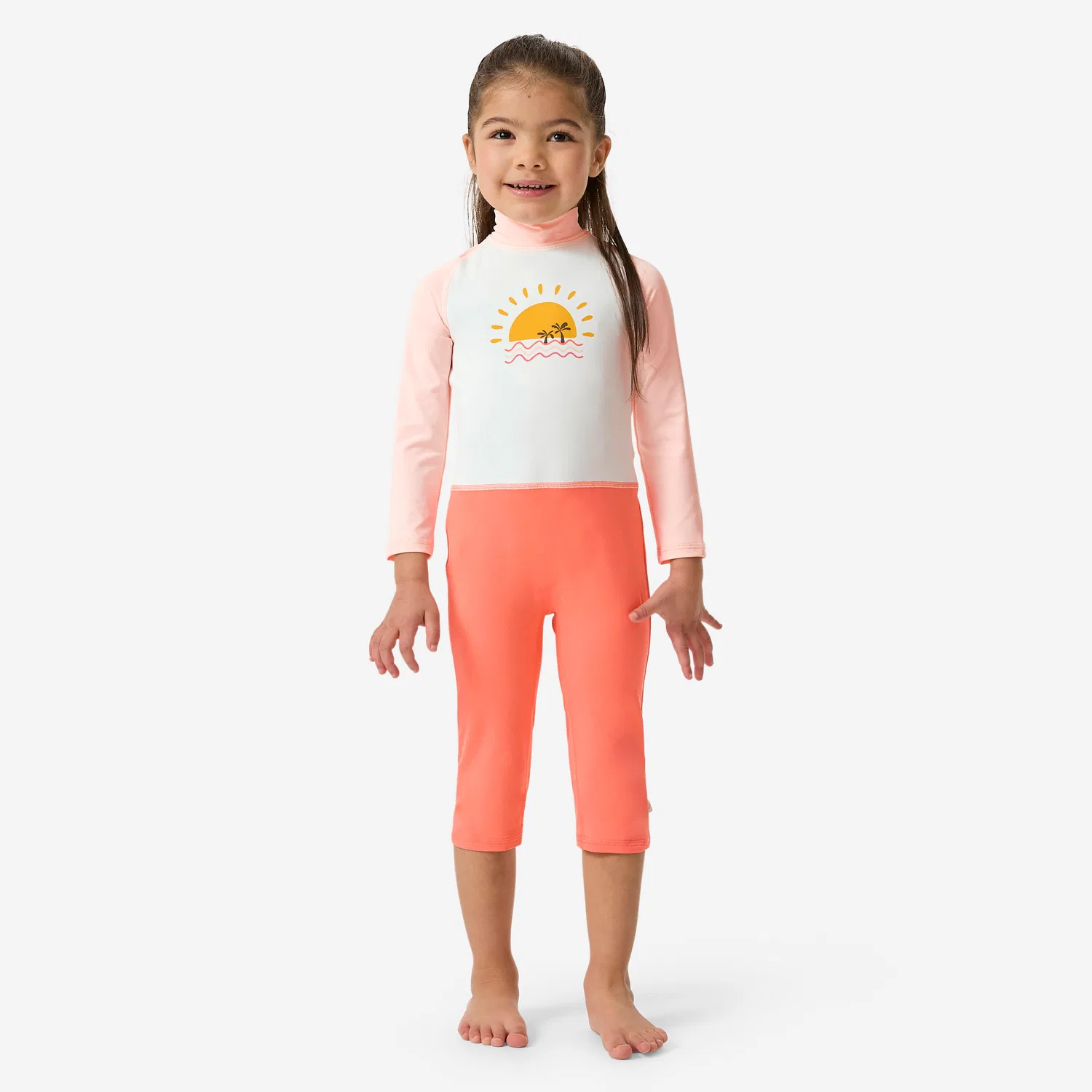 Детский UV-купальник с длинным рукавом Decathlon, Бледный Коралловый Оранжевый / Флуоресцентный Бледно-розовый / Ультрабелый — фото 2