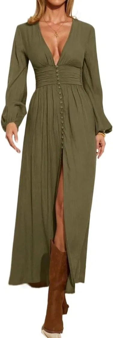 Женское длинное рукава макси платье с высоким разрезом A Line, Army Green