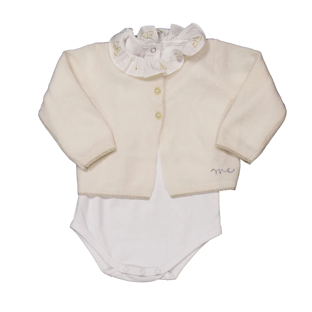Комплект из кардигана и боди с кружевным воротником Marie Chantal, Cream/Gold