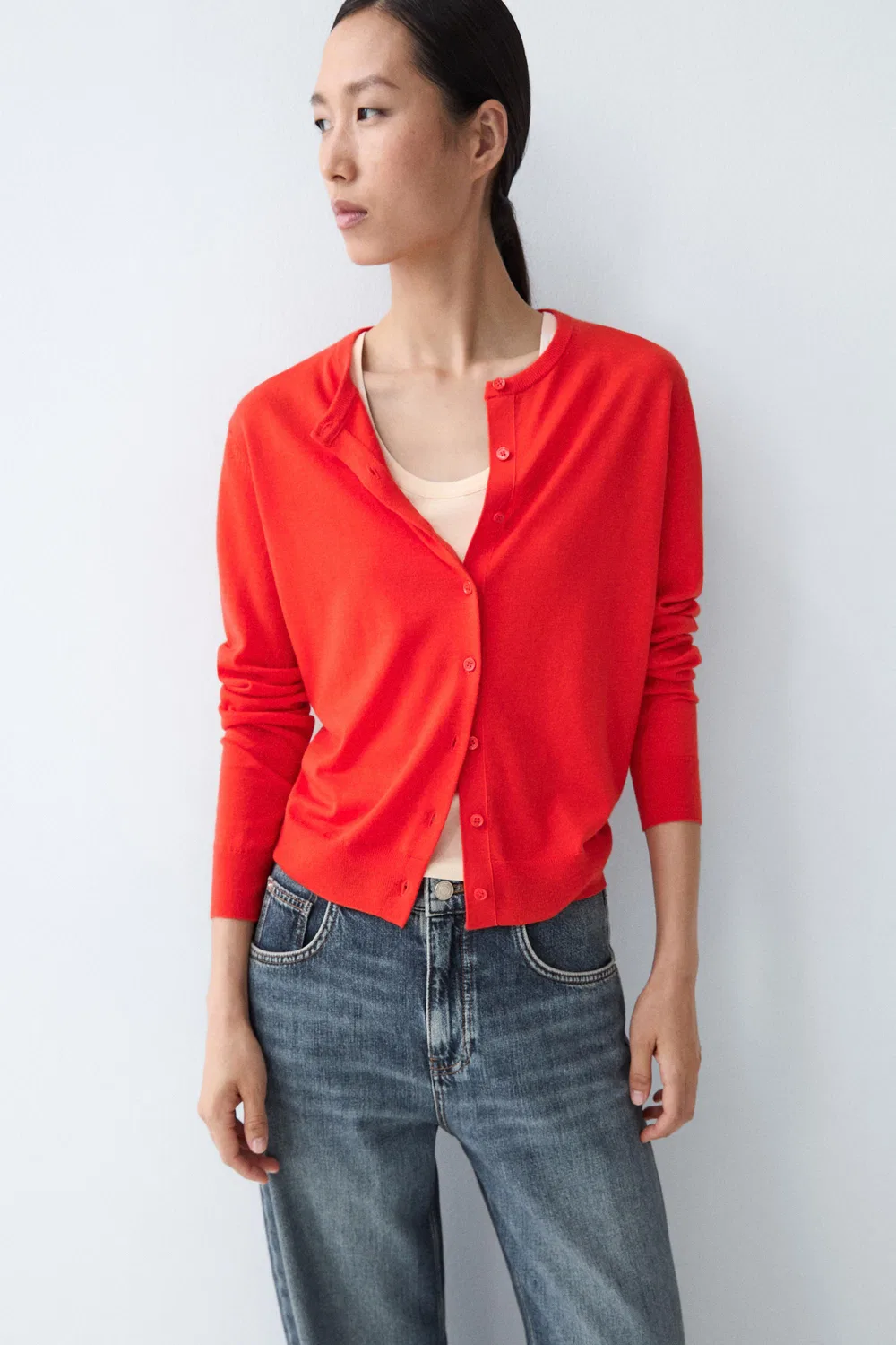 Кардиган Massimo Dutti Fine-Knit Round Neck, оранжевый