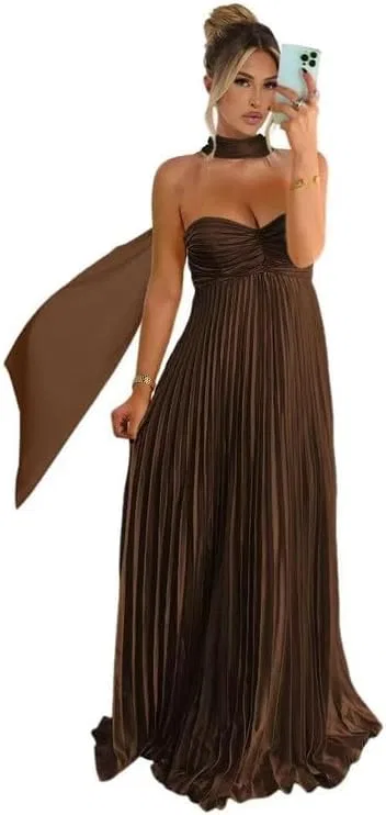 Женское вечернее платье A-силуэта с шарфом Satin Formal Dress, Brown