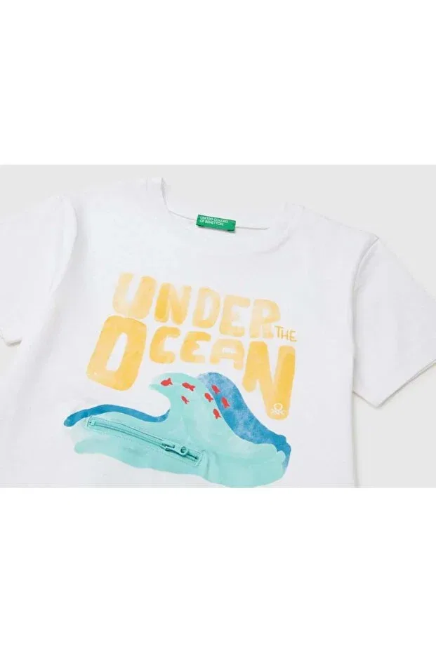 Детская футболка для мальчиков с принтом Under The Ocean United Colors Of Benetton, Ecru — фото 3