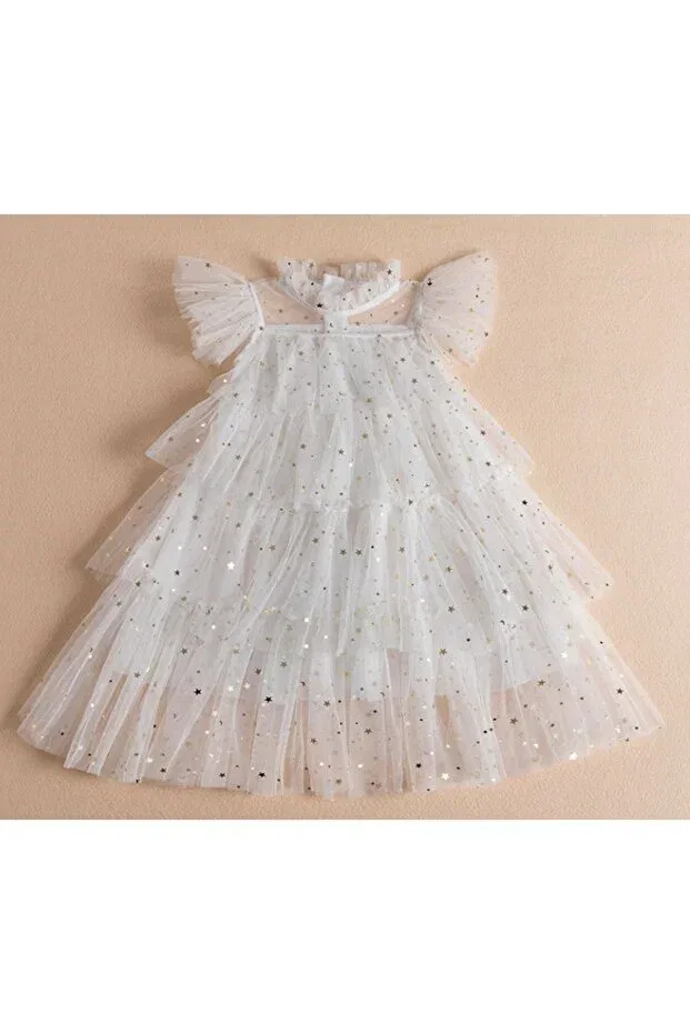 Детское платье для девочек с коротким рукавом Tutu bright white girl's cute layered dress star birthday dress Petityu, White — фото 2