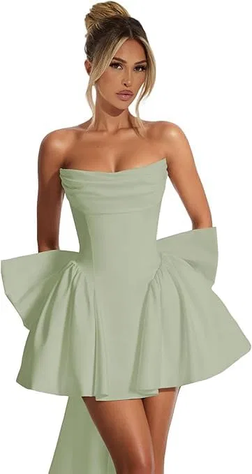 Женское атласное коктейльное платье с бантом, Sage Green