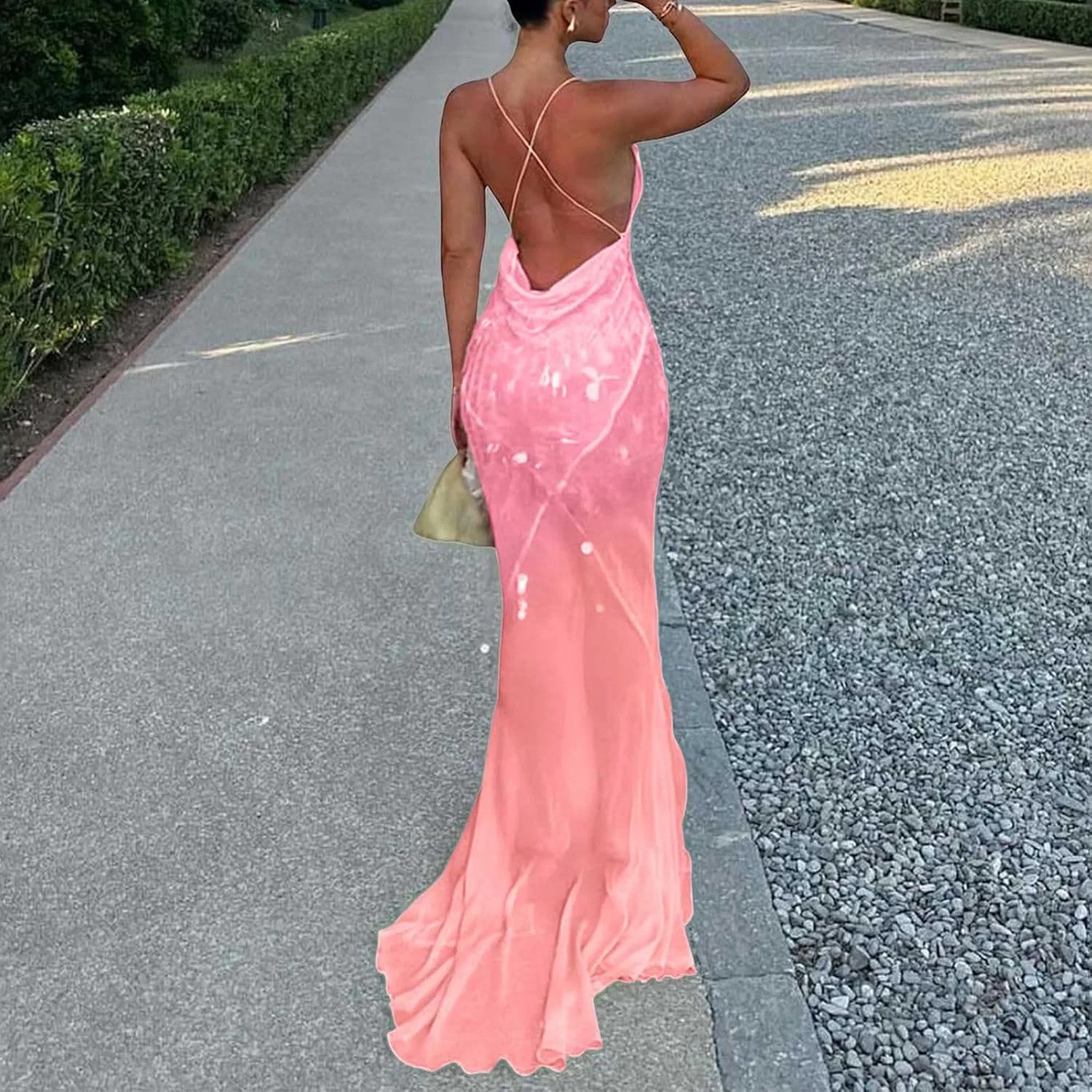 Женское вечернее платье с пайетками V-образным вырезом Mermaid, Pink — фото 4