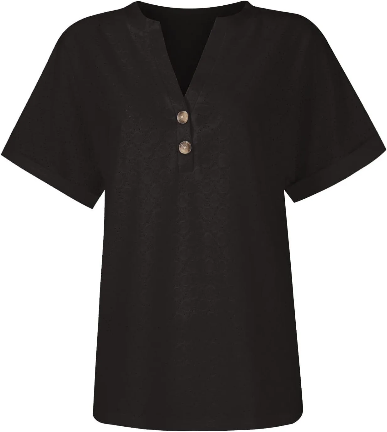 Женские топы с V-образным вырезом на пуговицах, коротким рукавом, летние футболки, повседневные, нарядные, рабочие блузки, однотонные базовые футболки, свободные туники Generic, черный — фото 4