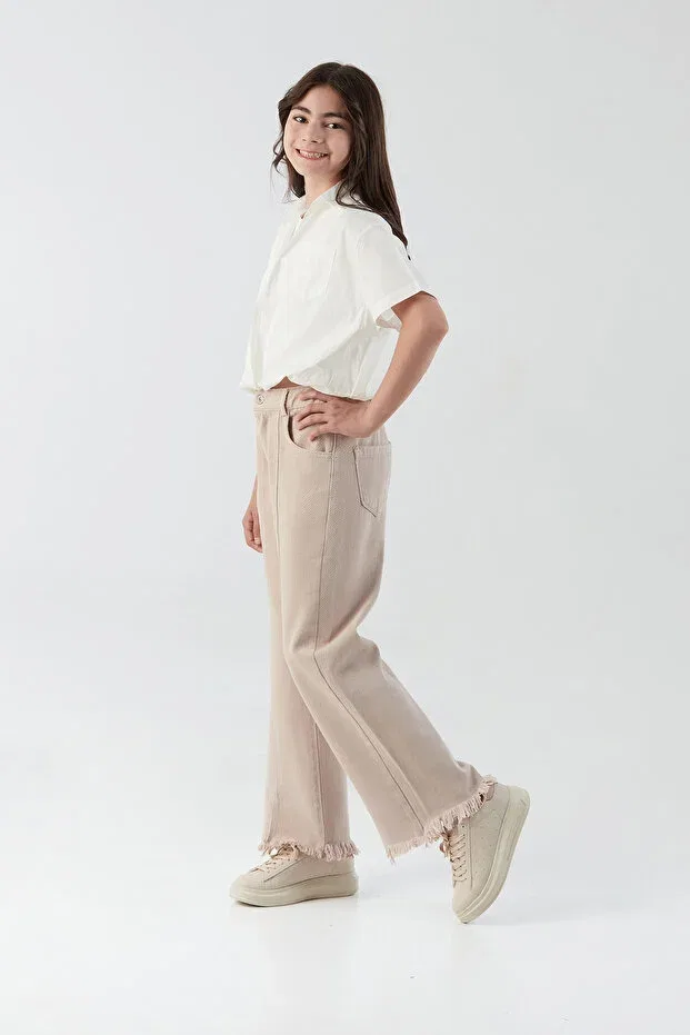 Детские брюки для девочек с бахромой и потертостями Fulla Moda, Beige — фото 3