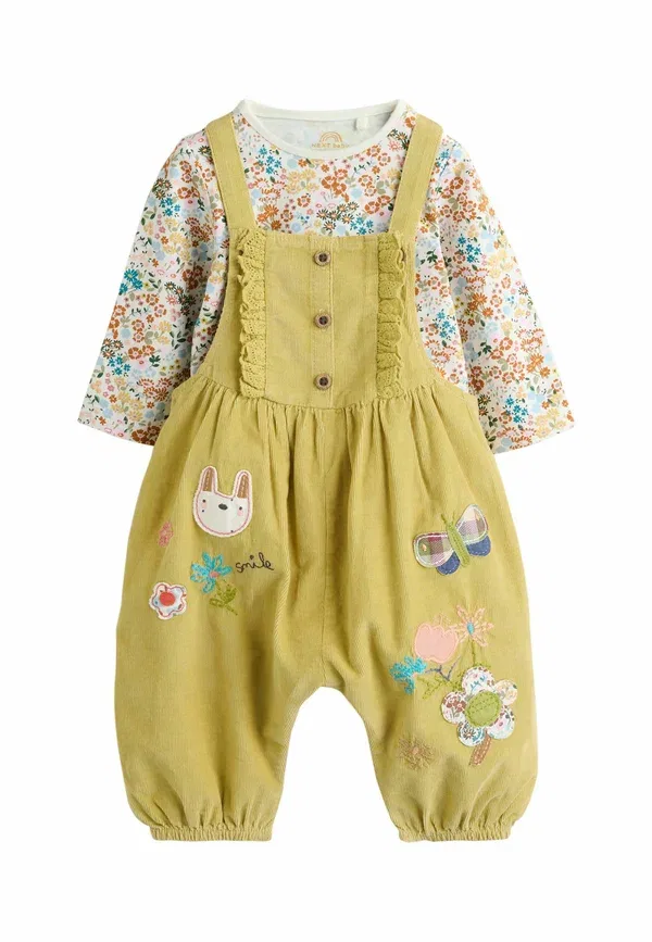 Комплект из ползунков и боди с длинным рукавом, флоральный, Regular fit - baby cord dungarees and long sleeve bodysuits 2 piece set - body, Next, sage green rabbit, зеленый