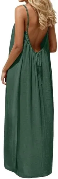 Женское макси-платье на бретелях с открытой спиной, Dark Green
