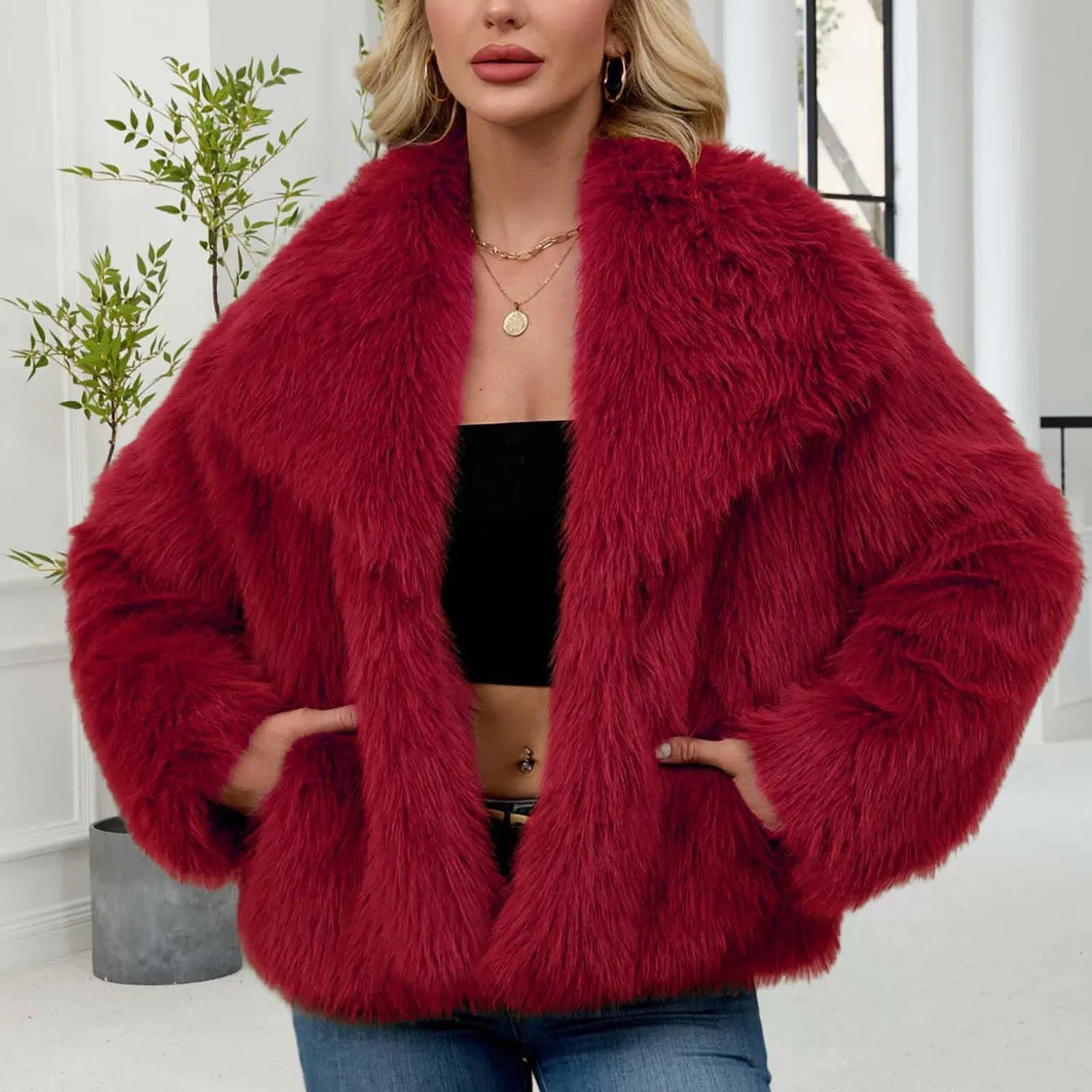 Женское пальто с длинным рукавом Winter Coats Women UK Short Faux Fur Jacket, B Wine — фото 3