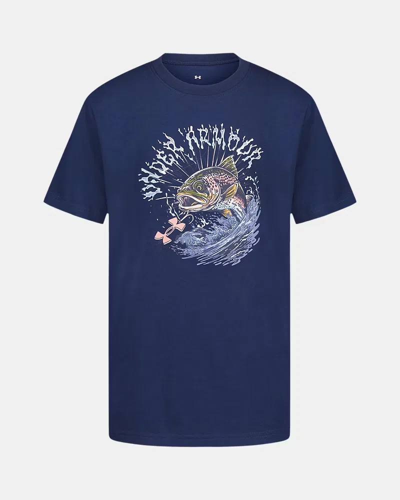 Футболка детская хлопковая с коротким рукавом UA Trout Jump UnderArmour, Blackout Navy/Blue Fog