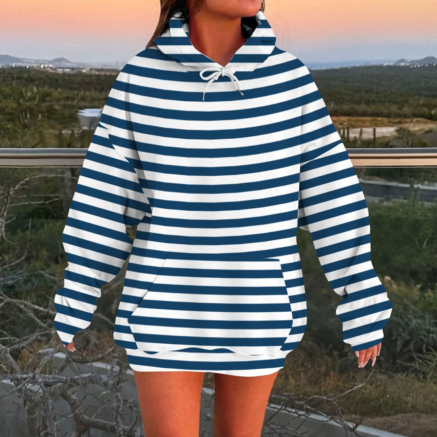 Женский оверсайз худи с длинным рукавом и карманом Y2K Boyfriend Sweater, Z01-dark Blue — фото 2