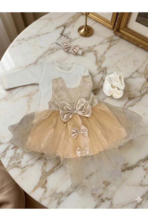 Детское платье для девочек с коротким рукавом Petite Ponpon Baby, Gold — фото 2