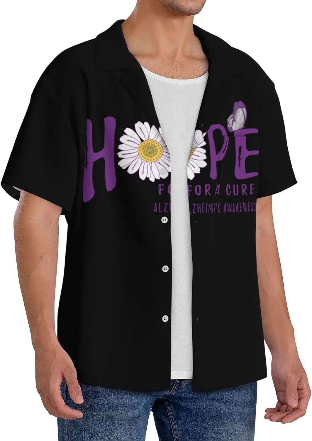 Мужская свободная рубашка с коротким рукавом Cuba collar Hope For A Cure Alzheimer's Awareness, Black — фото 2