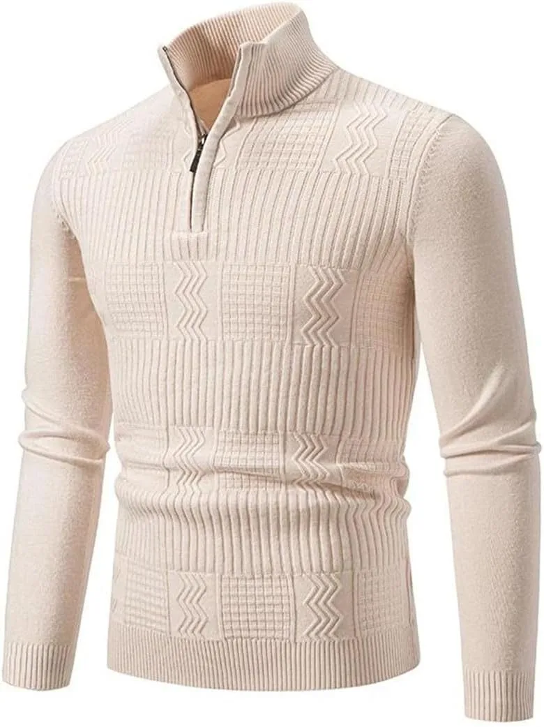 Мужской зимний полузастегивающийся вязаный пуловер Slim Fit с высоким воротником — фото 2