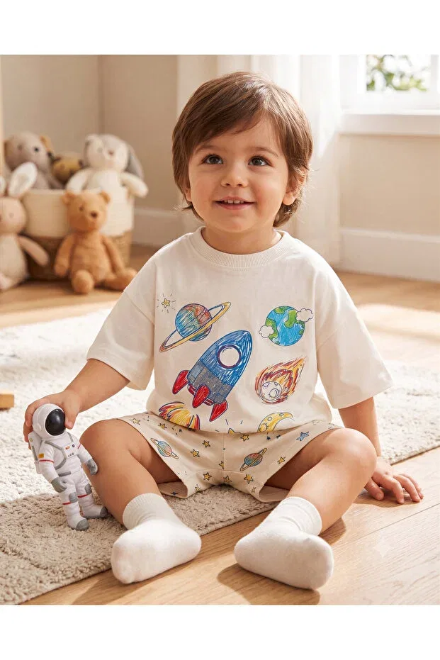 Детская футболка оверсайз с принтом Space Rocket Design Babytex, Ecru