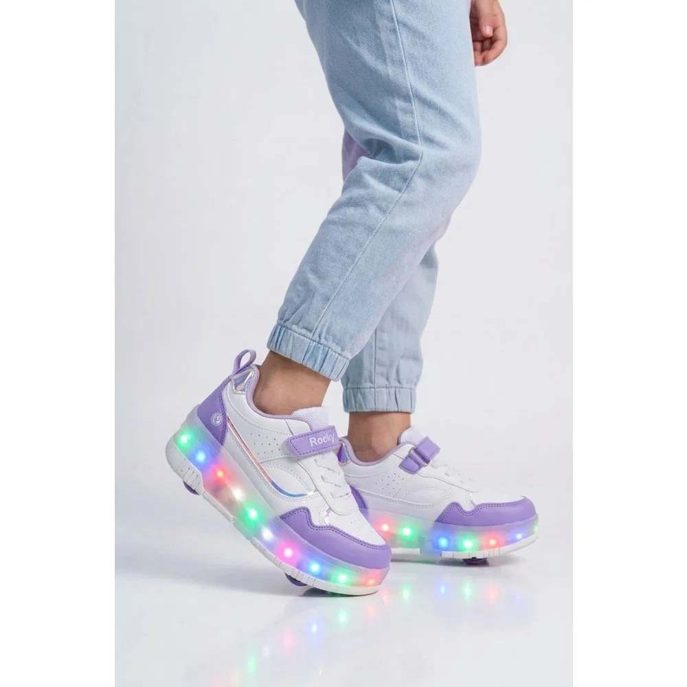 Детские спортивные кроссовки для девочек с подсветкой и липучками White Purple Glow F Rocky