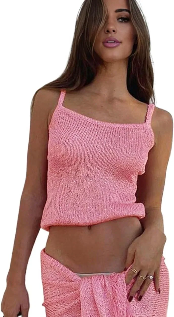 Женская пляжная накидка с бахромой Sleeveless Short Sleeve Pink Spaghetti Strap Camisole Top, Pink