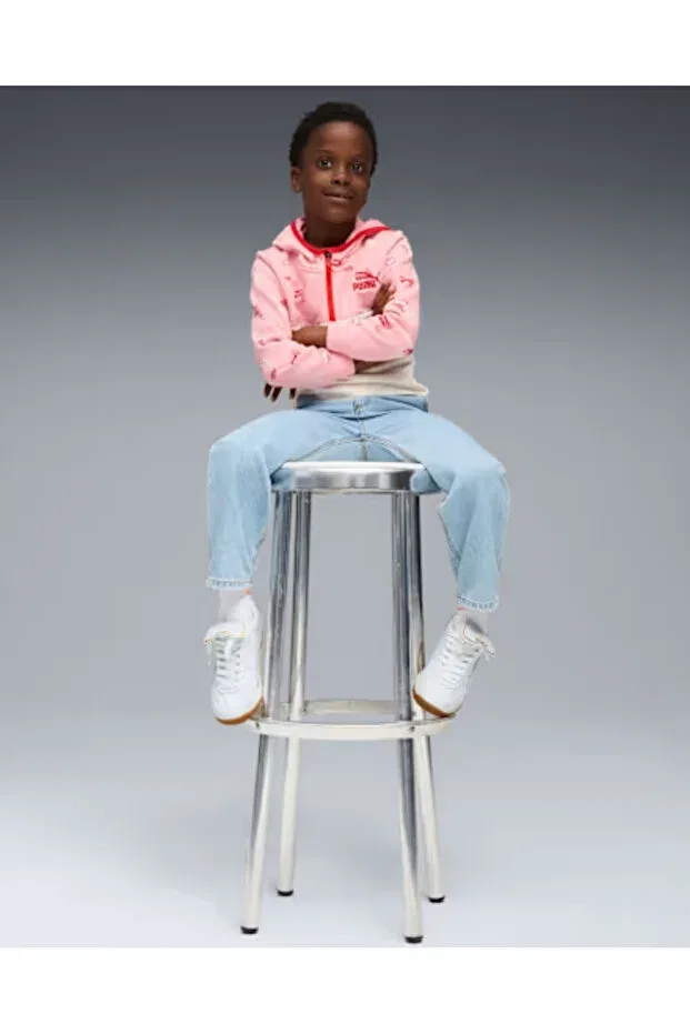 Детские свитшот для девочек с принтом Little Runners Half-Zip Kids Crew Neck Puma, Alpine Snow White — фото 3