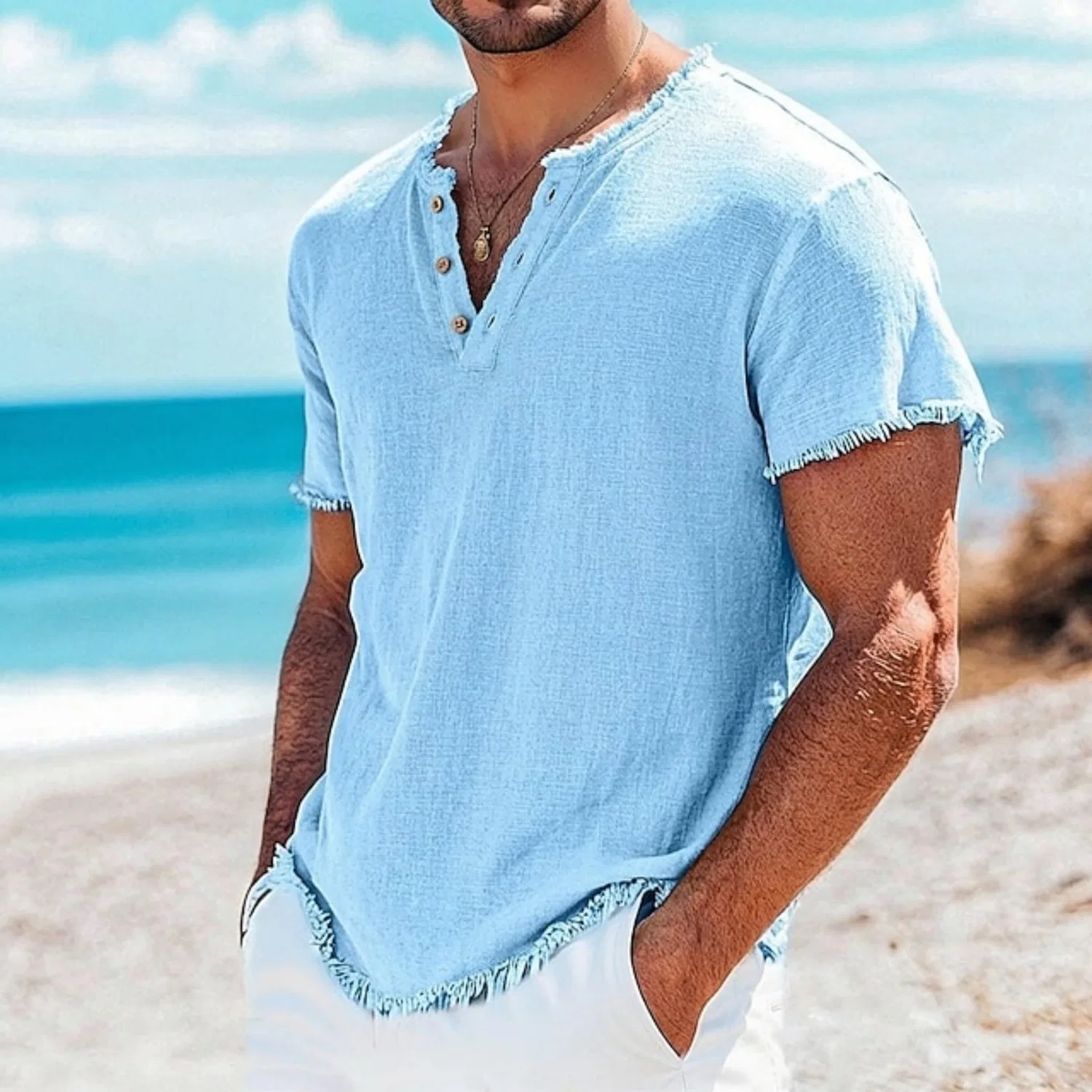 Мужская хлопковая футболка с v-образным вырезом Vintage Frayed Button Down, Light Blue Shirts for Men — фото 2