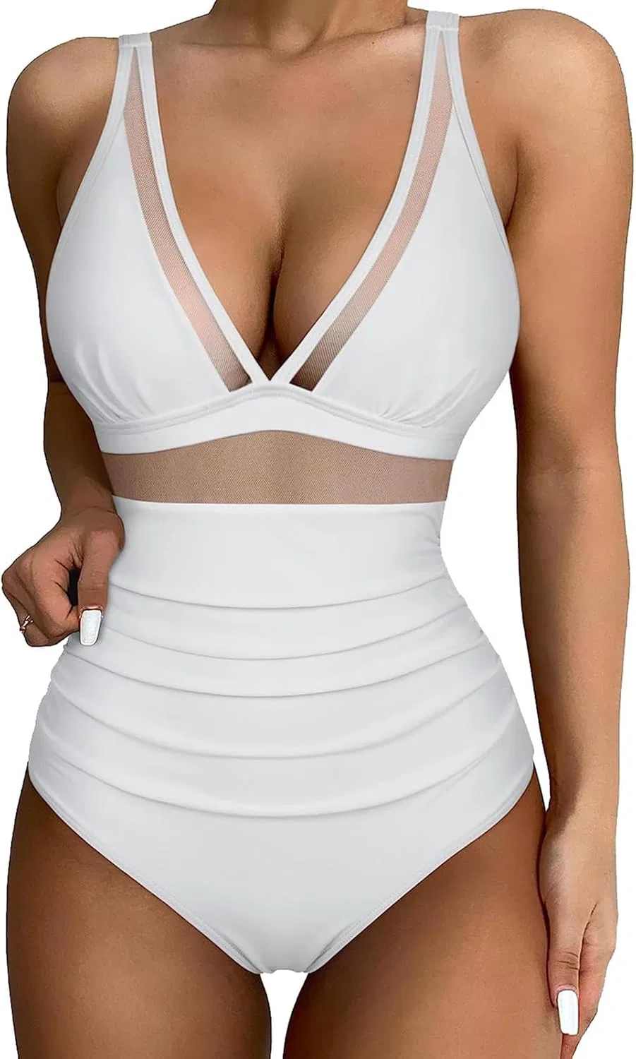 Женский слитный купальник с глубоким декольте Push Up, White