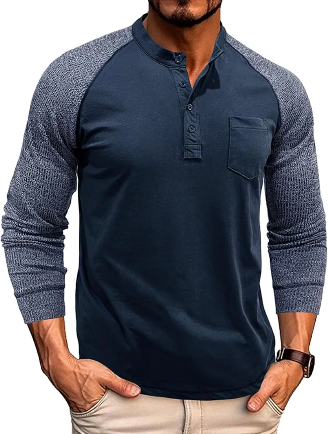 Мужская хлопковая футболка с длинным рукавом Henley, Royal Blue