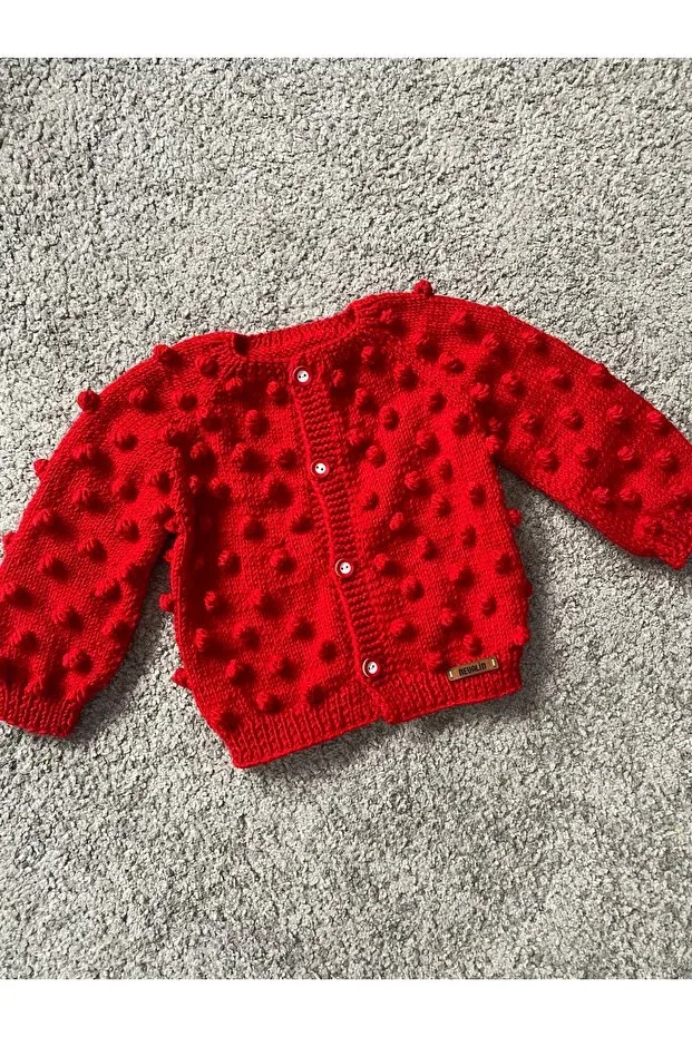 Детский кардиган с попкорновым узором Hand knitted popcorn detailed cardigan Nevalin, Red — фото 2