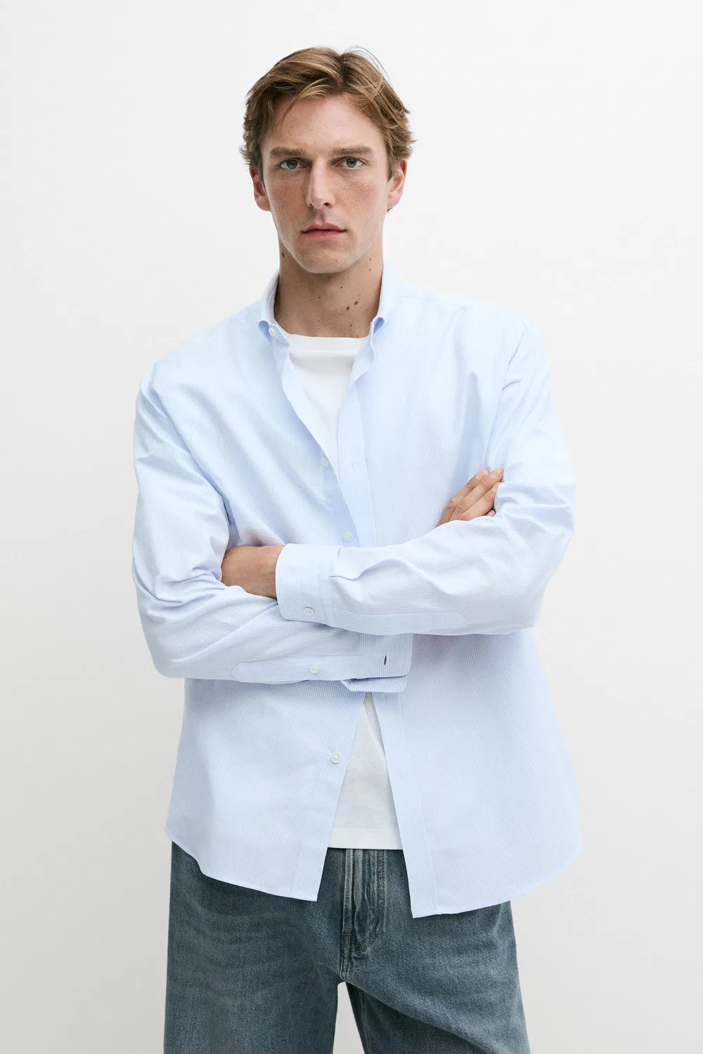 Рубашка Massimo Dutti, полосатая, из 100% хлопка, небесно-голубой — фото 3