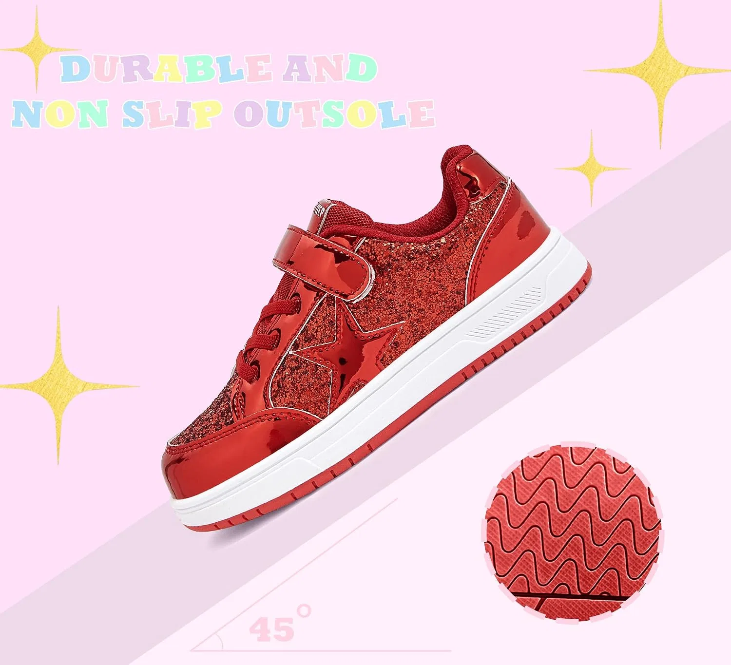 Детские кроссовки для девочек с блестками LUCKY STEP, Red Glitter — фото 3