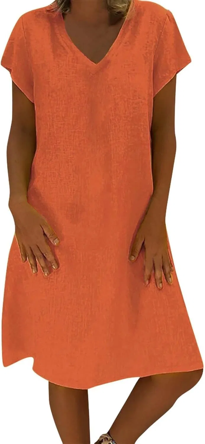 Женское платье миди с V-образным вырезом Cotton Linen, 1d-orange