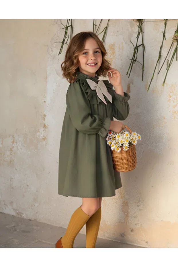 Детское платье для девочек с длинным рукавом Melek Golden, Khaki — фото 4