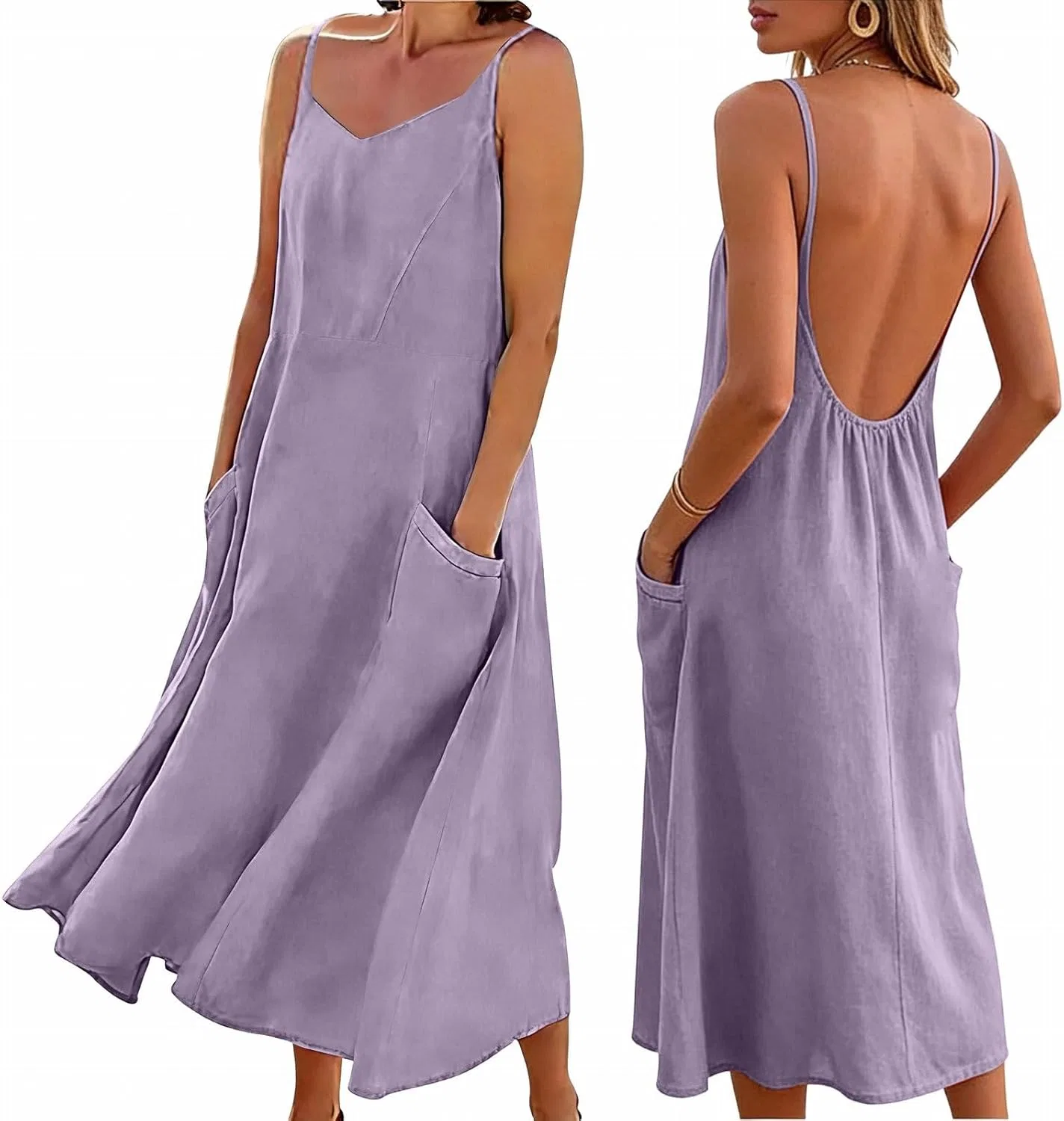 Женский сарафан макси с V-образным вырезом Cotton Linen, Purple