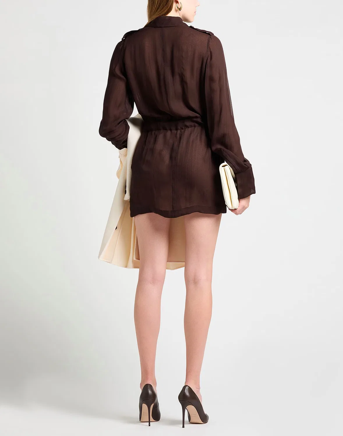 Женское платье-рубашка из крепа с поясом Chocolate Brown, Saint Laurent, шоколадный — фото 3