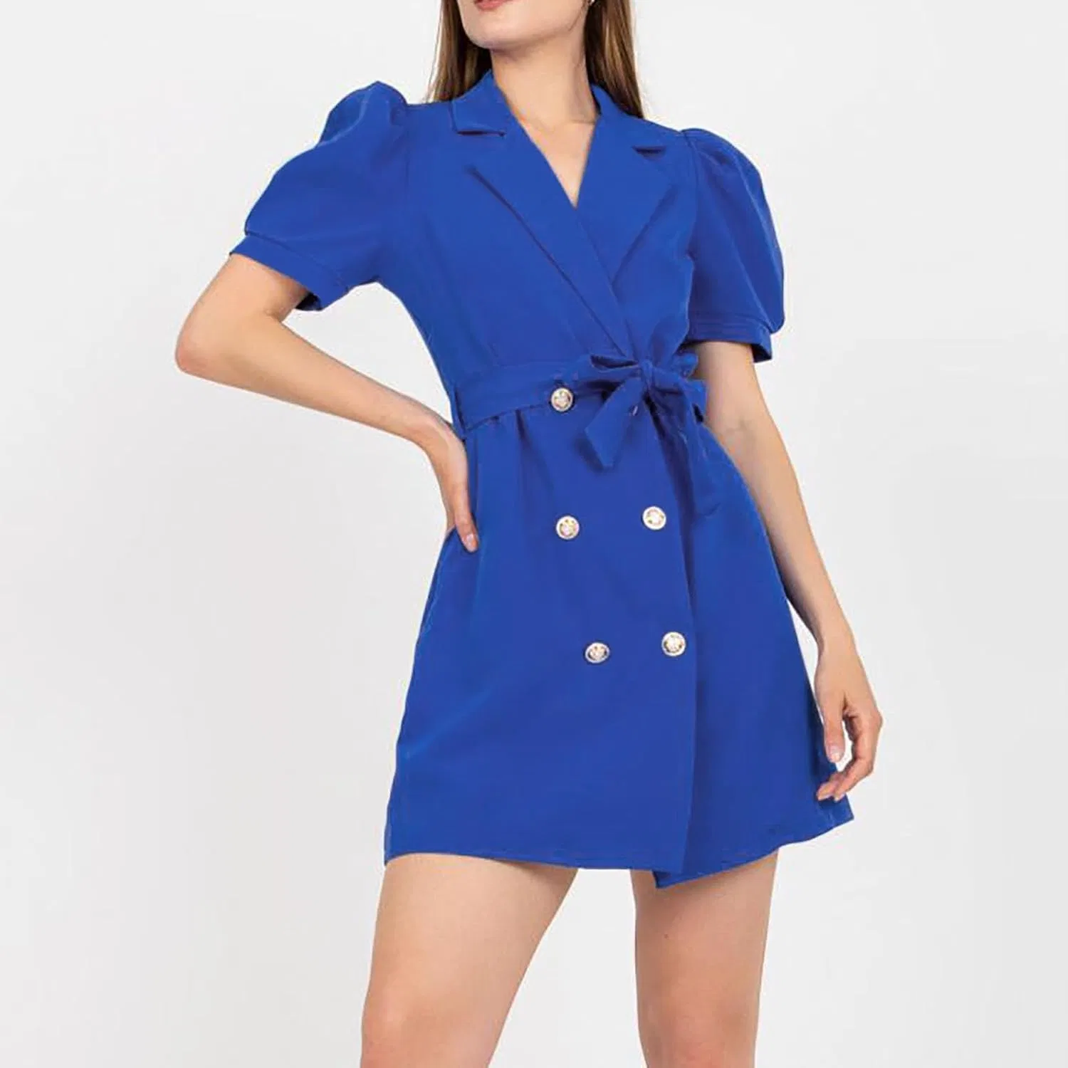 Женское платье-жакет с короткими пышными рукавами Generic, Blue — фото 2