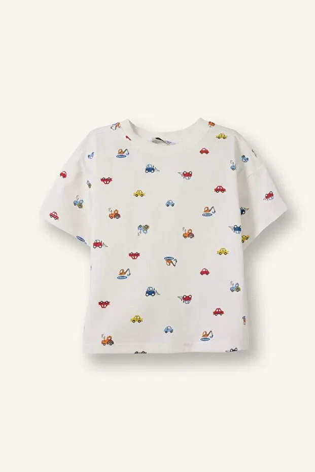 Детская футболка с принтом для мальчиков Regular Fit Vehicle Patterned Short Sleeve White T-Shirt Baby Boy Defacto, White-Wt34