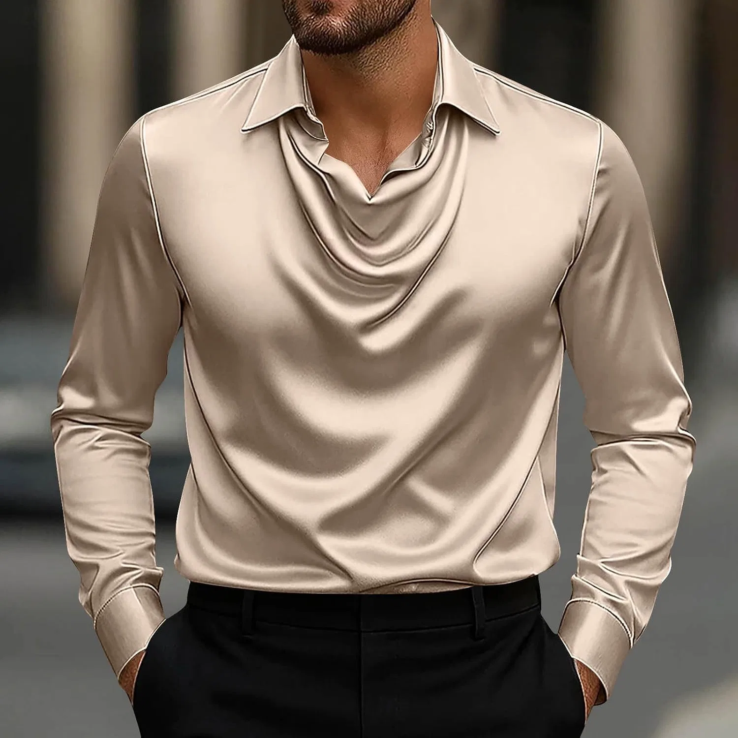 Мужская рубашка с лацканом из сатина, Beige — фото 2