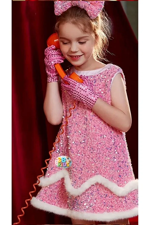 Детское платье для девочек с пайетками Velvet sequined children's dress and evening dress set - graduation gloves 3B Kids, Pink — фото 3