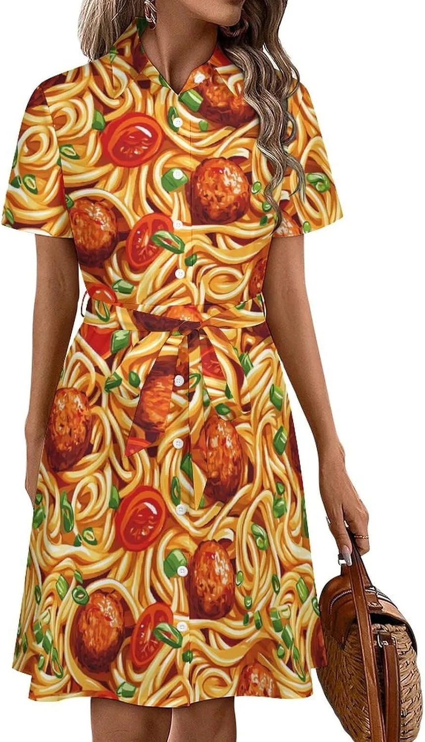 Женское платье-рубашка с принтом, Italian Spaghetti Food Print, чёрный