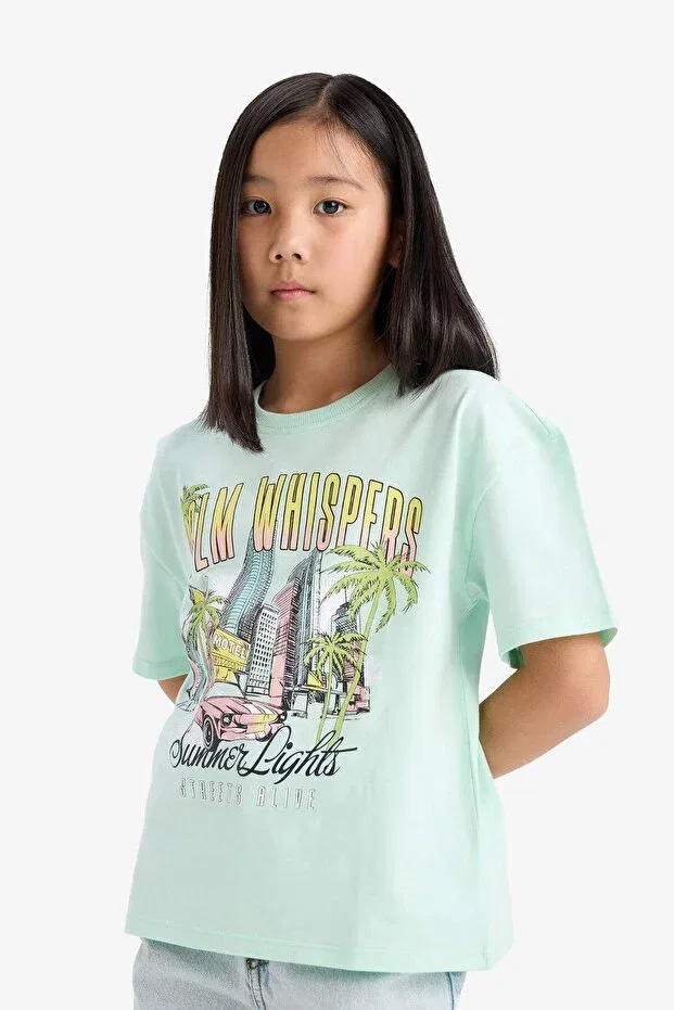 Детская футболка для девочек с принтом Relax fit crew neck printed short sleeve t-shirt girls Defacto, Turquoise — фото 4