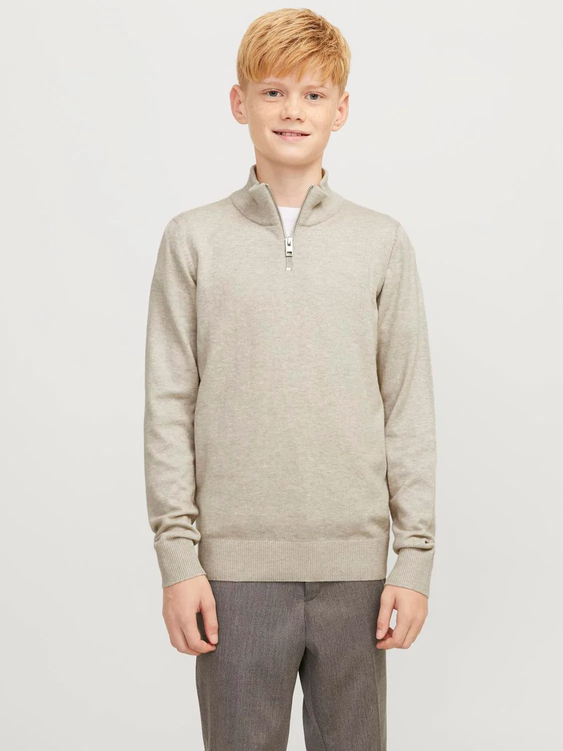 Свитер трикотажный, высокий ворот, половинная молния, Jack & Jones Junior, овсяный — фото 2