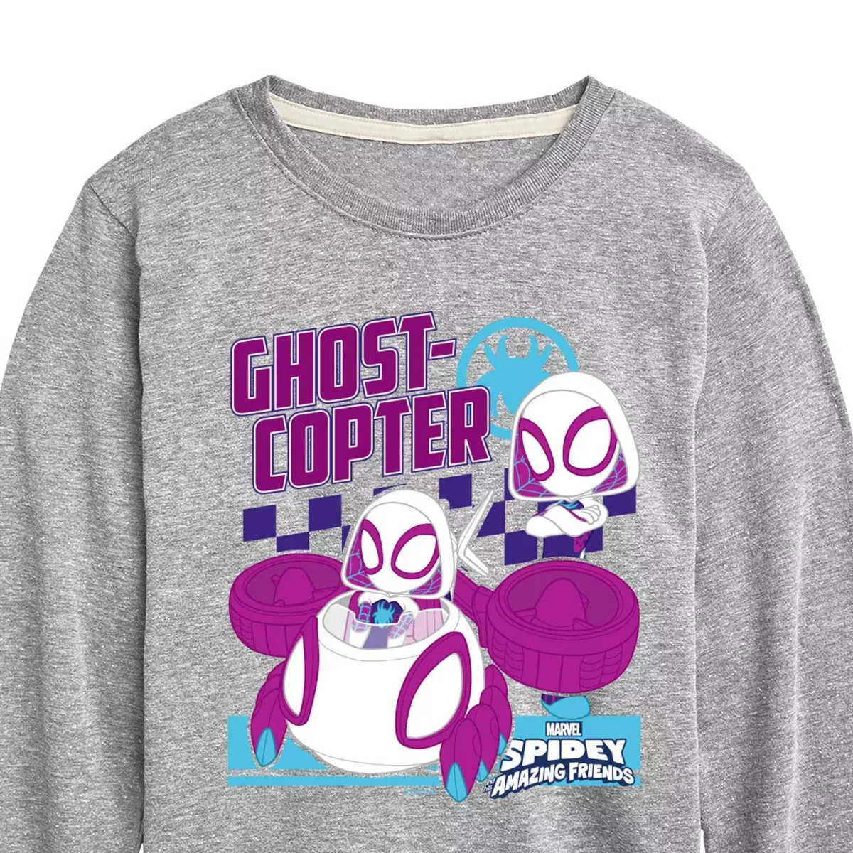 Детское лонгслив с принтом Spider-Man And His Amazing Friends Ghost Copter Ghost Spider Marvel, Athletic Heather — фото 2