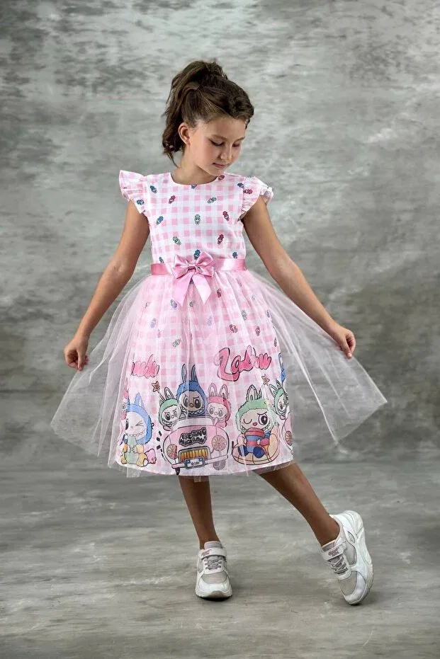 Детское платье для девочек с принтом Labubu Character Tulle Detailed Children's Dress Abiyekids, Labupembe — фото 3