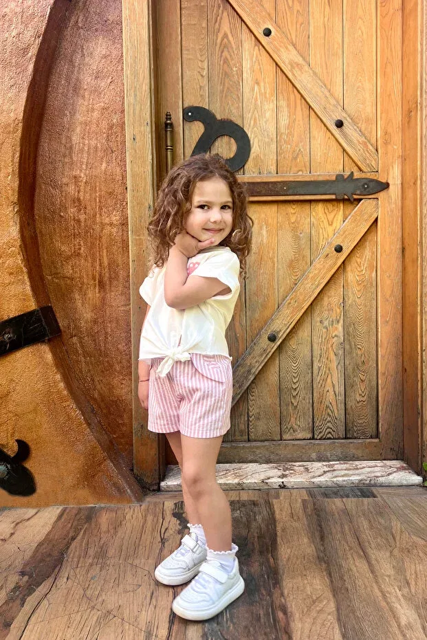 Детские шорты для девочек хлопковые Pomeno pink striped shorts Minojoy, Pink — фото 3